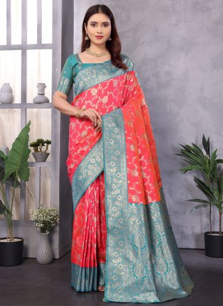 Weaving Work Banarasi Silk Trendy Saree In Pink Color