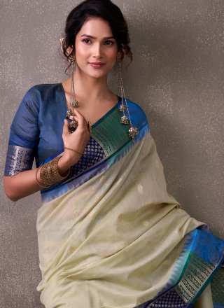 Weaving Work Cotton Classic Saree In Off White for Ceremonial