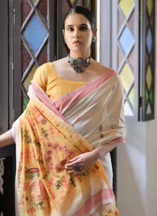 Weaving Work Cotton Classic Sari In Cream