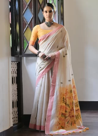 Weaving Work Cotton Classic Sari In Cream