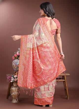 Weaving Work Cotton Classic Sari In Peach for Casual
