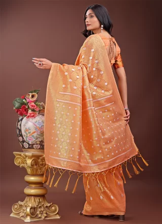 Weaving Work Cotton Contemporary Saree In Peach for Casual