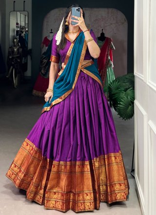 Weaving Work Cotton Lehenga Choli In Purple Colour