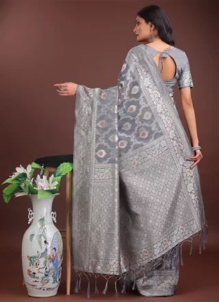 Weaving Work Cotton Trendy Saree In Grey for Casual