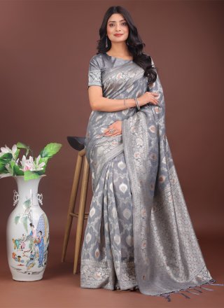 Weaving Work Cotton Trendy Saree In Grey for Casual