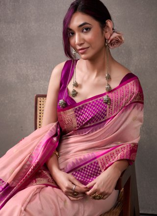 Weaving Work Cotton Trendy Saree In Pink