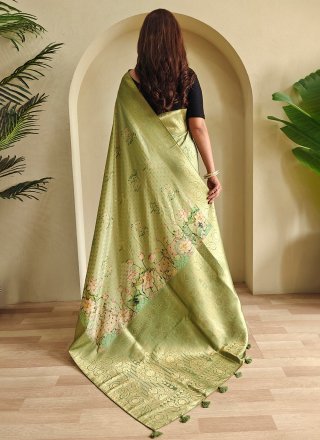 Weaving Work Georgette Classic Sari In Green Color
