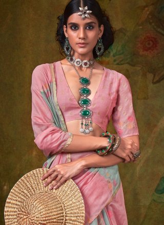 Weaving Work Handloom Cotton Designer Saree In Grey and Pink