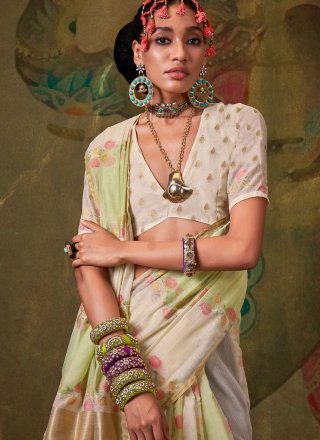 Weaving Work Handloom Cotton Traditional Saree In Cream and Grey for Ceremonial