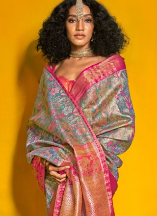 Weaving Work Handloom Silk Classic Saree In Firozi