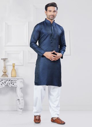 Weaving Work Jacquard Silk Kurta Pyjama In Blue for Casual