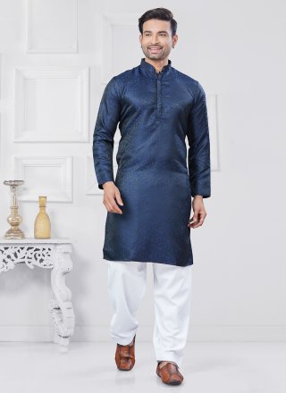 Weaving Work Jacquard Silk Kurta Pyjama In Blue for Casual