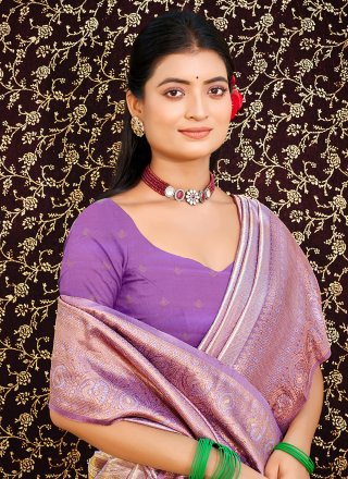 Weaving Work Kanjivaram Silk Contemporary Saree In Purple Color