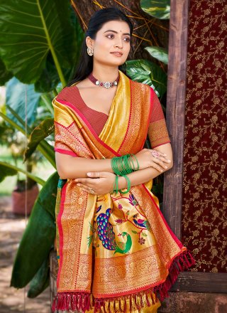 Weaving Work Kanjivaram Silk Contemporary Sari In Mustard Color