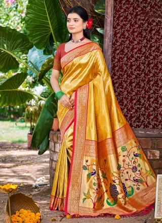 Weaving Work Kanjivaram Silk Contemporary Sari In Mustard Color