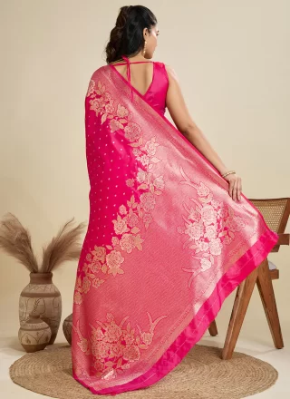 Weaving Work Kanjivaram Silk Contemporary Sari In Pink Color