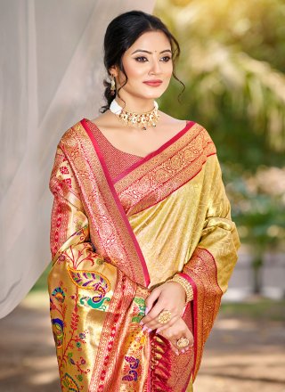 Weaving Work Kanjivaram Silk Trendy Saree In Gold Color