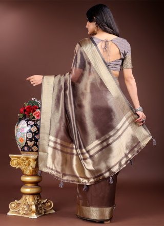 Weaving Work Organza Classic Sari In Brown Color
