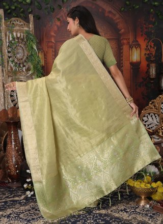 Weaving Work Organza Trendy Saree In Green for Casual