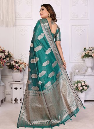 Weaving Work Organza Trendy Saree In Turquoise Color