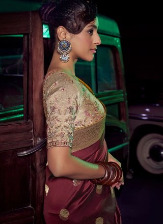 Weaving Work Pure Silk Contemporary Saree In Maroon Color