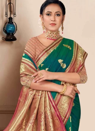 Weaving Work Silk Classic Saree In Teal Color