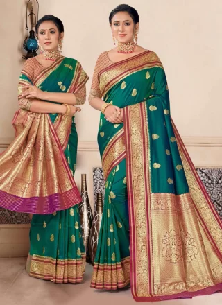 Weaving Work Silk Classic Saree In Teal Color