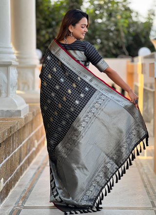 Weaving Work Silk Classic Sari In Black Color