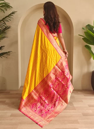 Weaving Work Silk Classic Sari In Yellow Color