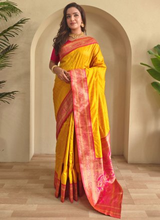 Weaving Work Silk Classic Sari In Yellow Color