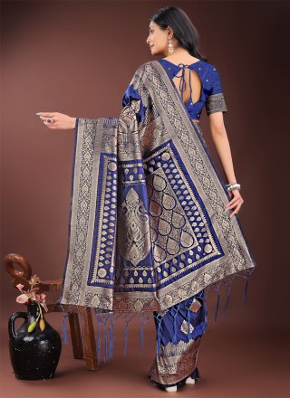 Weaving Work Silk Contemporary Saree In Blue Colour