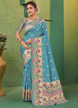 Weaving Work Silk Contemporary Saree In Blue Color