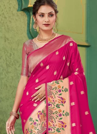 Weaving Work Silk Contemporary Saree In Rani
