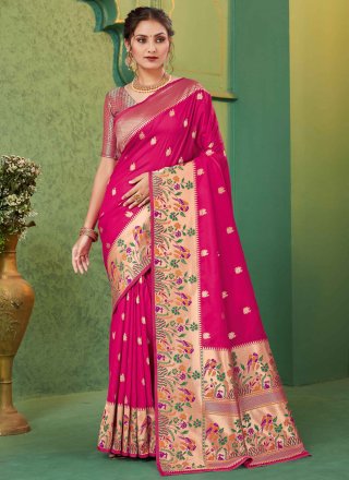 Weaving Work Silk Contemporary Saree In Rani