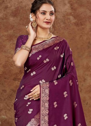 Weaving Work Silk Contemporary Saree In Wine for Ceremonial
