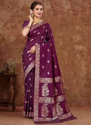 Weaving Work Silk Contemporary Saree In Wine for Ceremonial