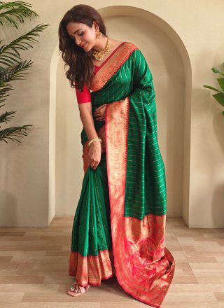 Weaving Work Silk Contemporary Sari In Green Color