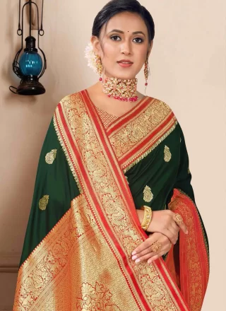 Weaving Work Silk Contemporary Sari In Green Color