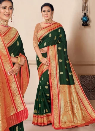 Weaving Work Silk Contemporary Sari In Green Color
