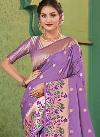 Weaving Work Silk Designer Sari In Lavender for Ceremonial