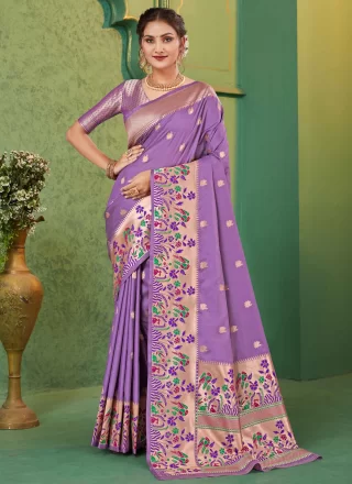 Weaving Work Silk Designer Sari In Lavender for Ceremonial