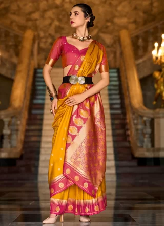 Buy Pink Zari Jacquard Silk Classic Saree : 255539 -