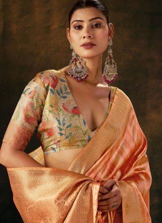 Weaving Work Silk Designer Sari In Peach