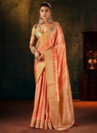 Weaving Work Silk Designer Sari In Peach