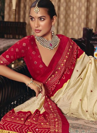 Weaving Work Silk Trendy Saree In Cream and Red