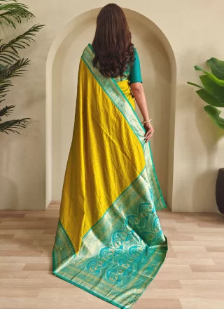 Weaving Work Silk Trendy Saree In Green Color