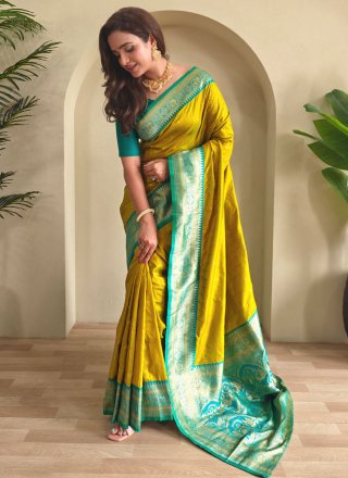 Weaving Work Silk Trendy Saree In Green Color