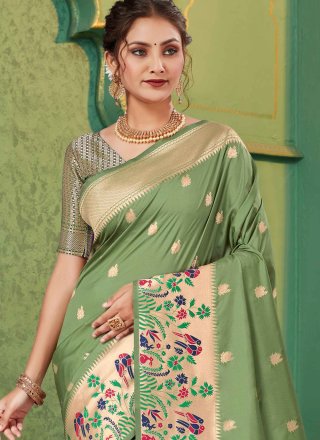 Weaving Work Silk Trendy Saree In Green Color