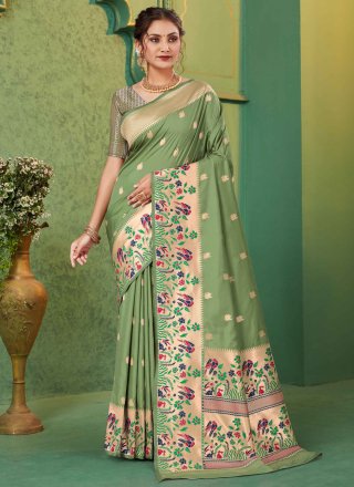 Weaving Work Silk Trendy Saree In Green Color