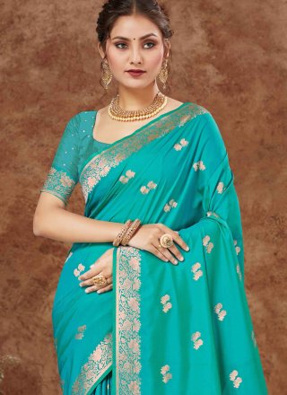 Weaving Work Silk Trendy Saree In Turquoise for Ceremonial